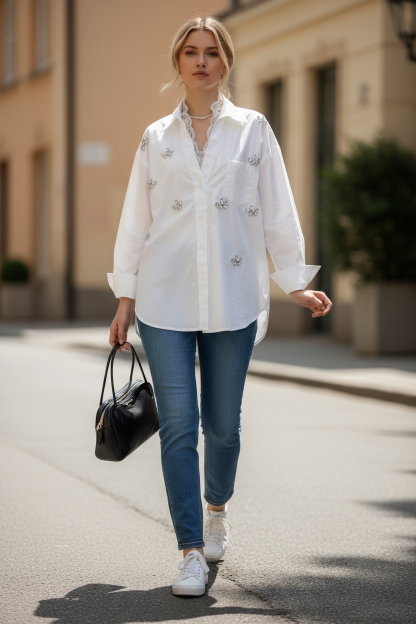 Λευκό πουκάμισο με διακοσμητικές πέτρες swarowski