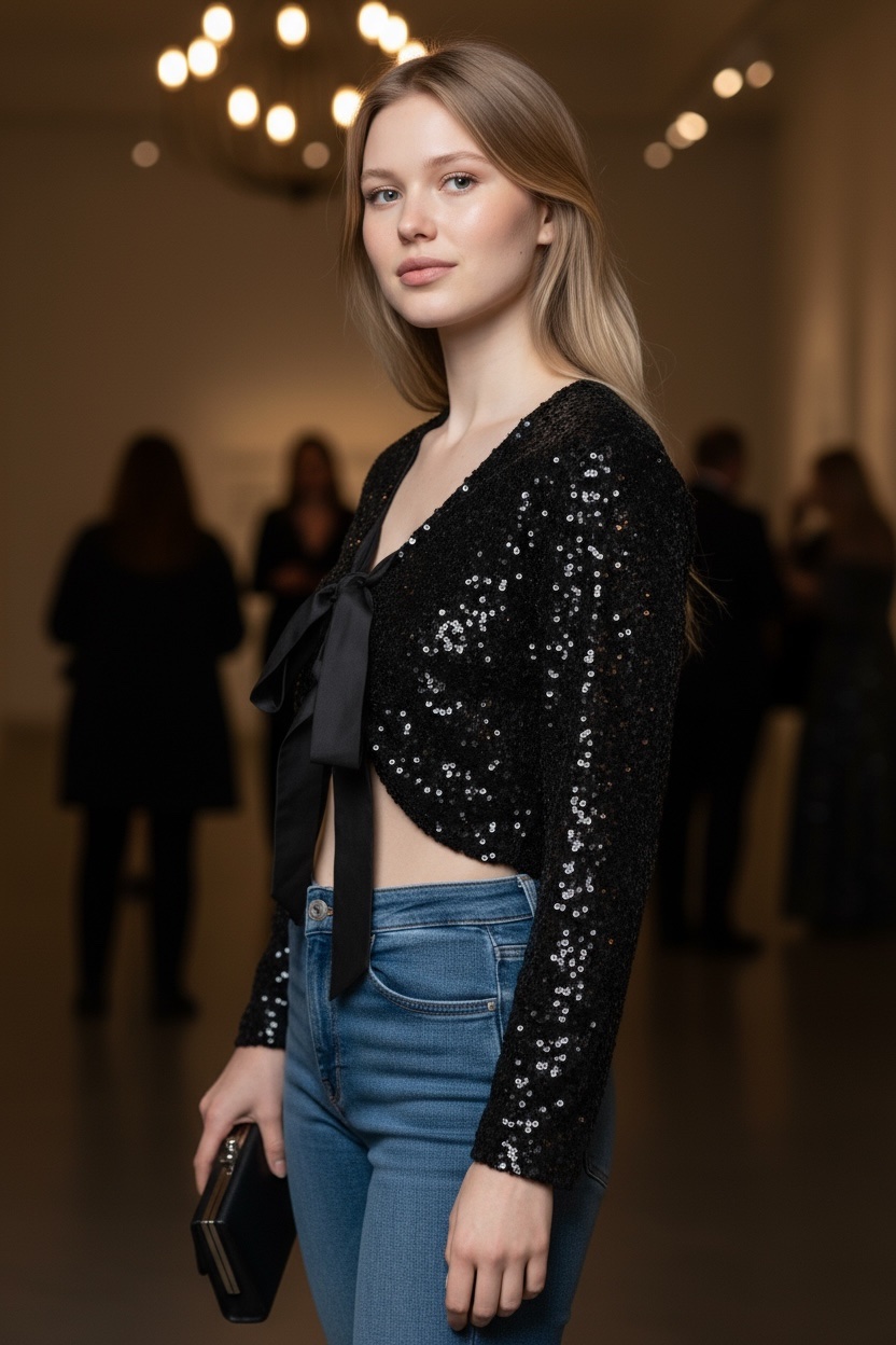 Μπλούζα με παγιέτες και σατέν φιόγκο - Image 3