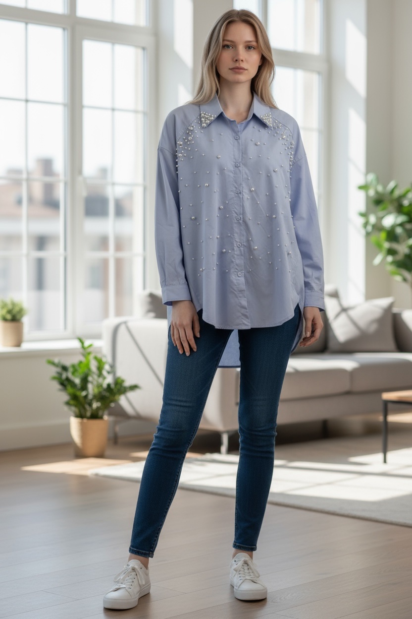 Γαλάζιο πουκάμισο με πέρλες