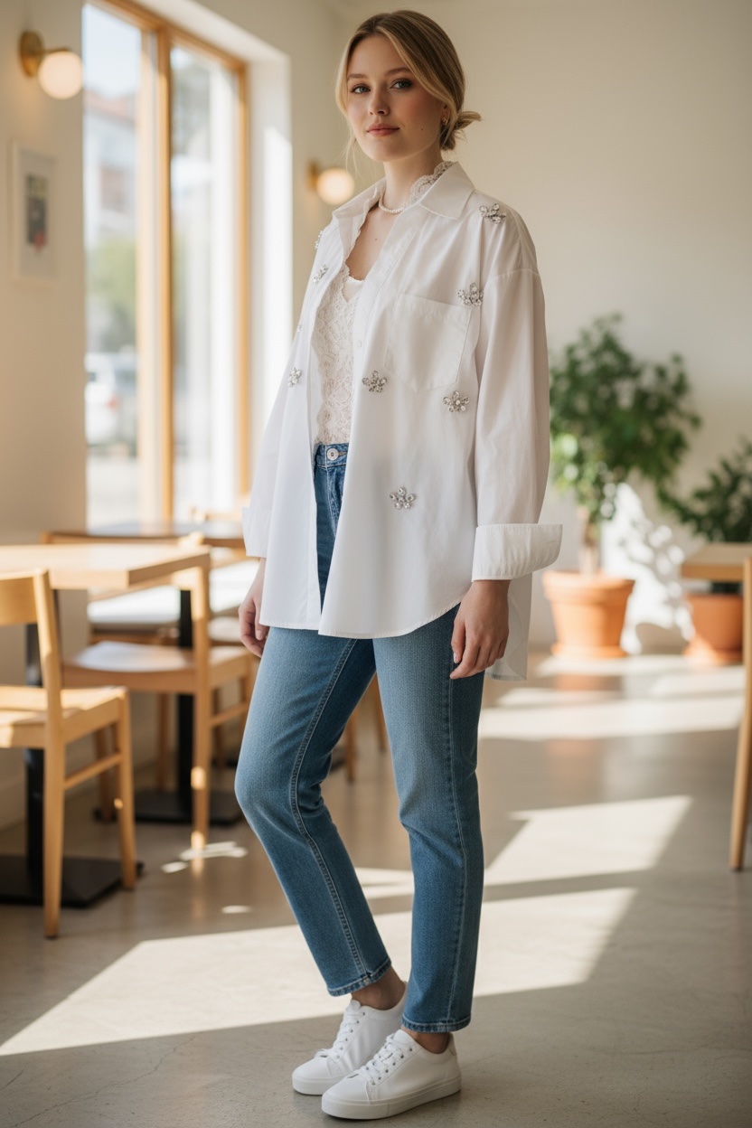 Λευκό πουκάμισο με διακοσμητικές πέτρες swarowski - Image 2