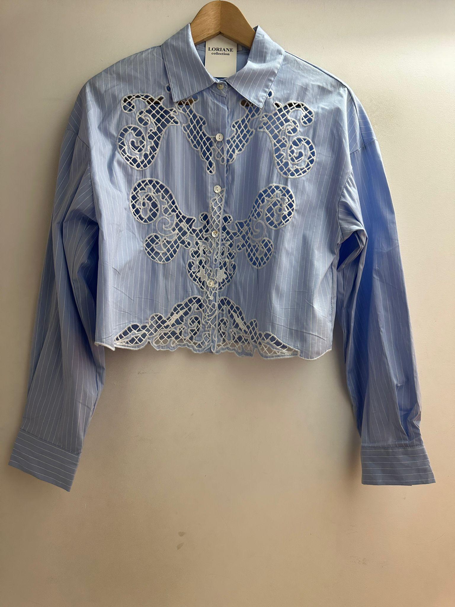 Γαλάζιο πουκάμισο με δαντέλα και ρίγες - Image 3