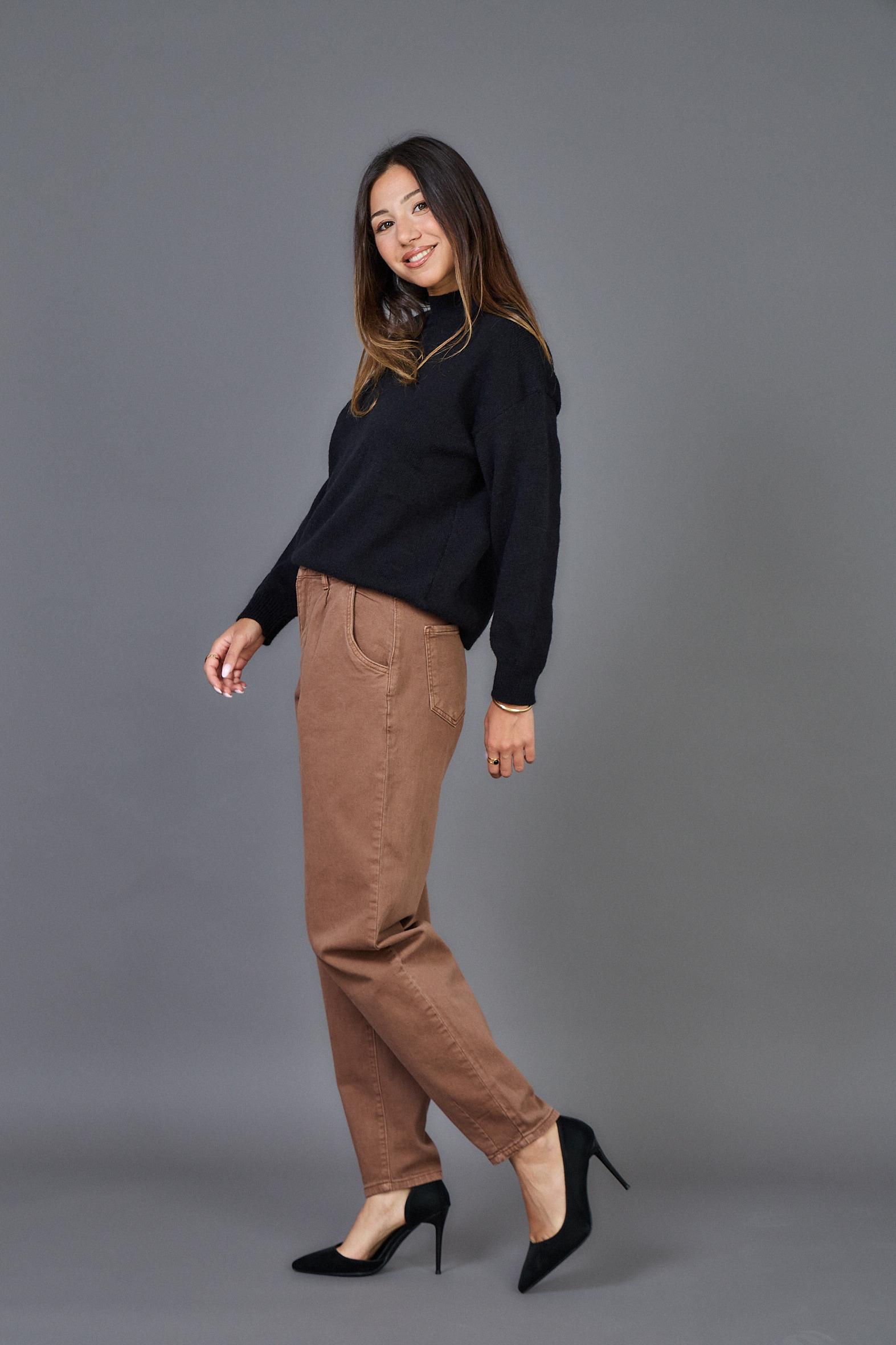 Ψηλόμεσο βαμβακερό παντελόνι – Καμηλό - Dark Blue - Image 6