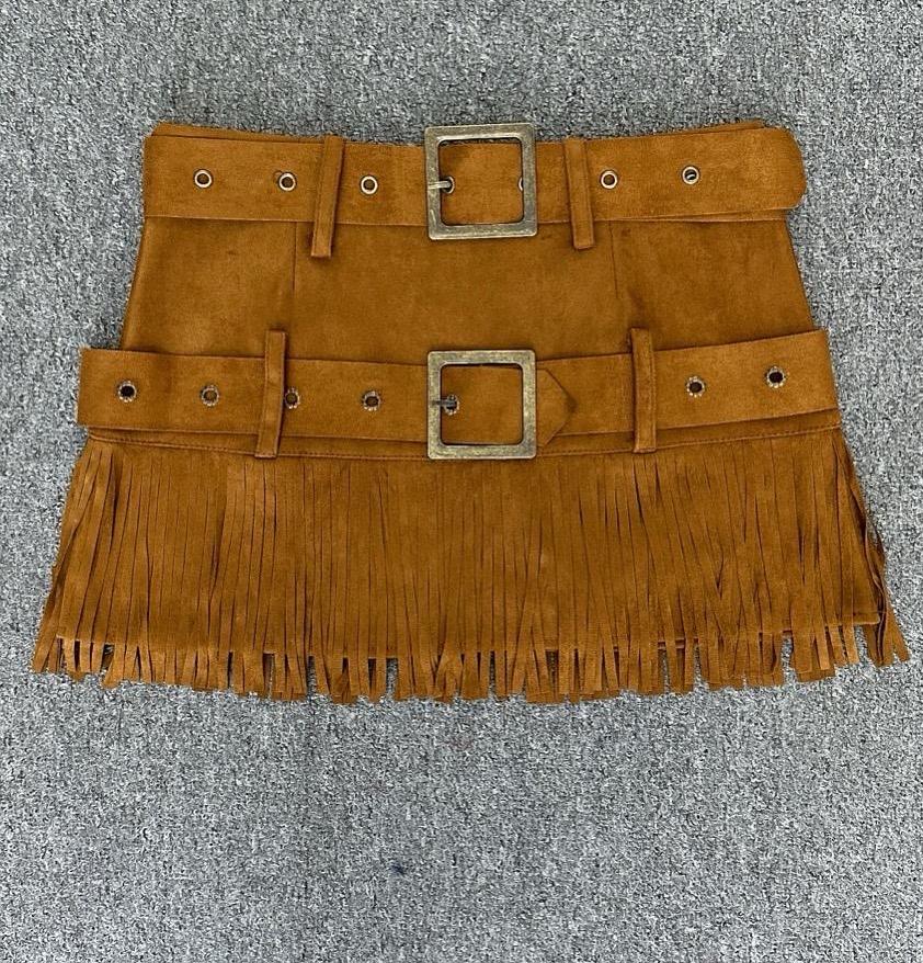 Suede mini φούστα με κρόσσια – Καμηλό - Image 2