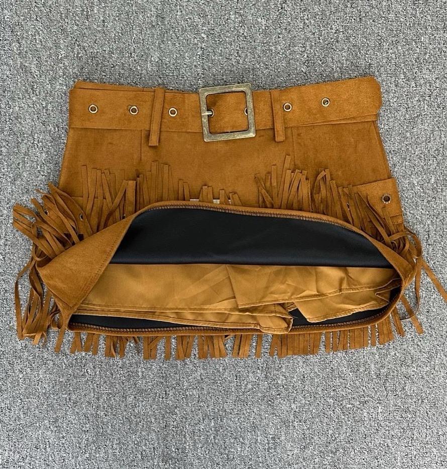 Suede mini φούστα με κρόσσια – Καμηλό - Image 3