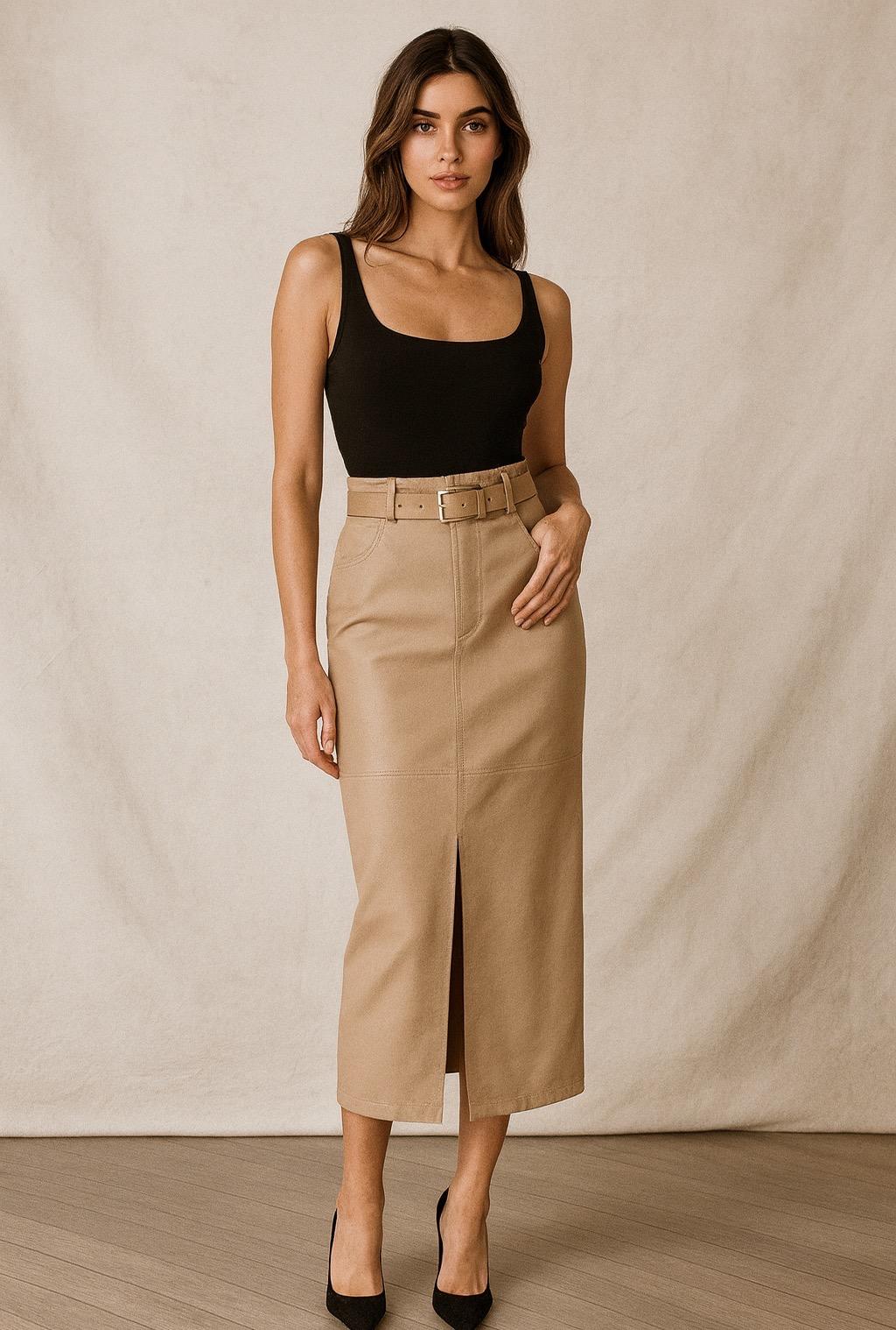 Midi φούστα με ζώνη – Μπεζ- Μαύρο