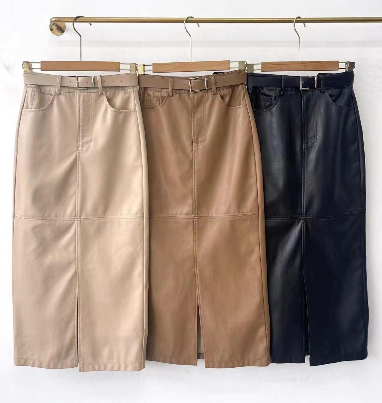 Midi φούστα με ζώνη – Μπεζ- Μαύρο - Image 4