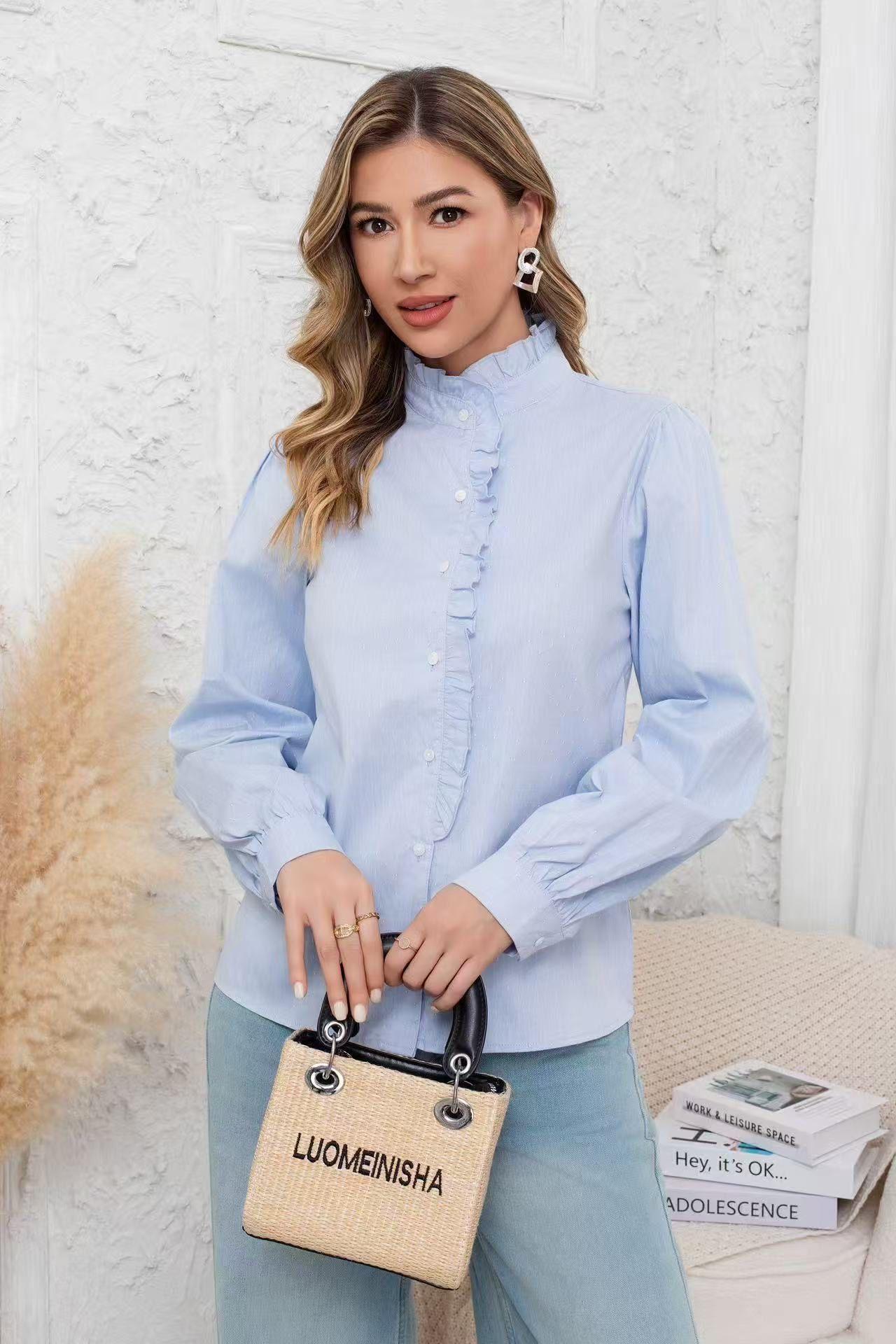 Γαλάζιο πουκάμισο με βολάν και όρθιο γιακά