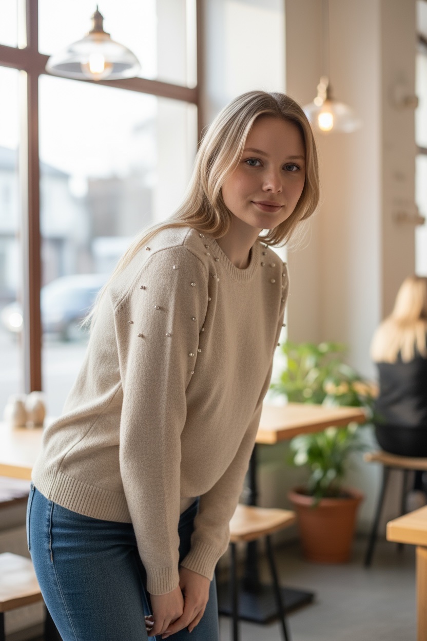 Πλεκτό πουλόβερ με πέρλες και στρας στους ώμους - Image 3