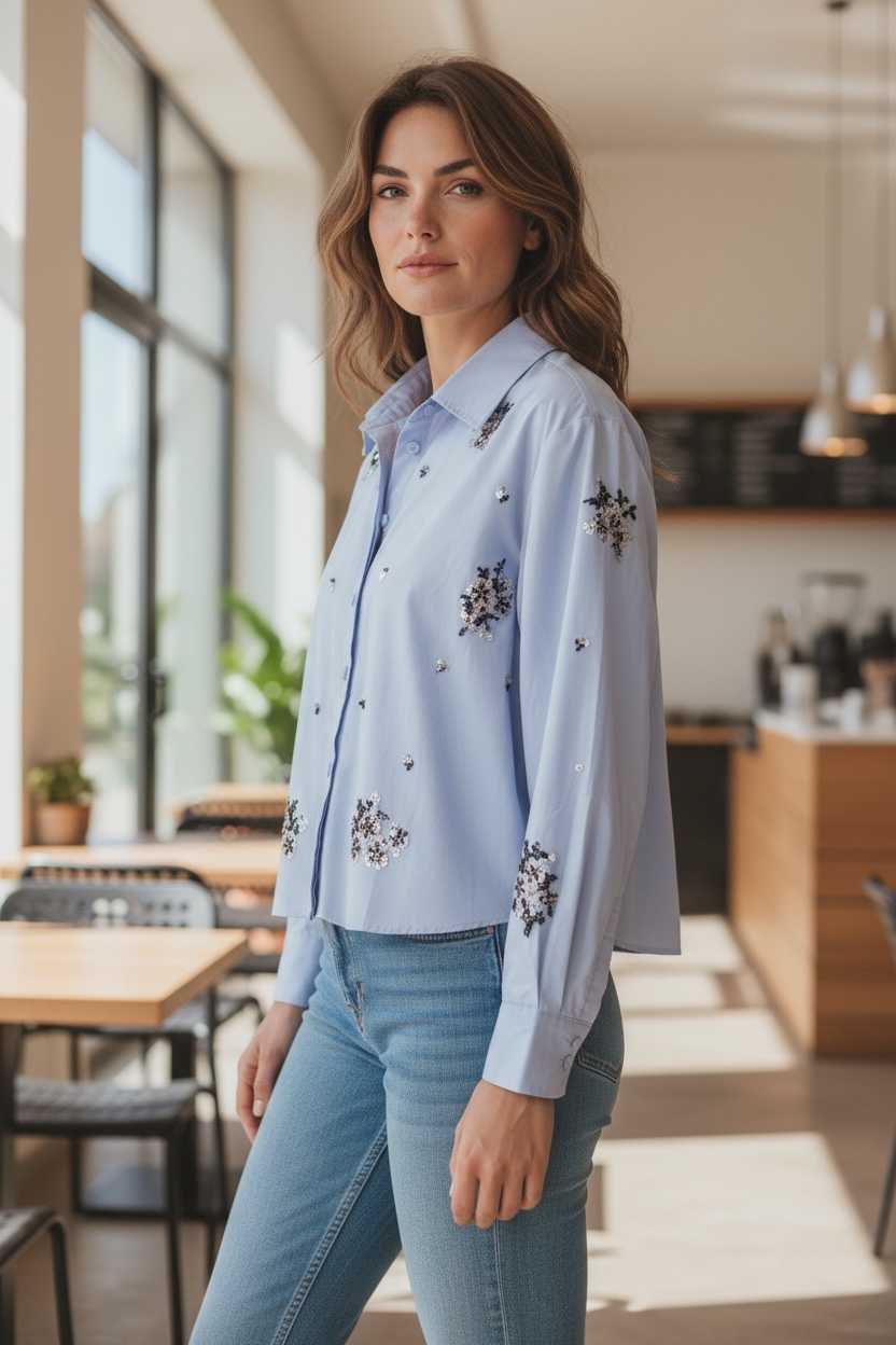 Γαλάζιο πουκάμισο με διακοσμητικές παγιέτες