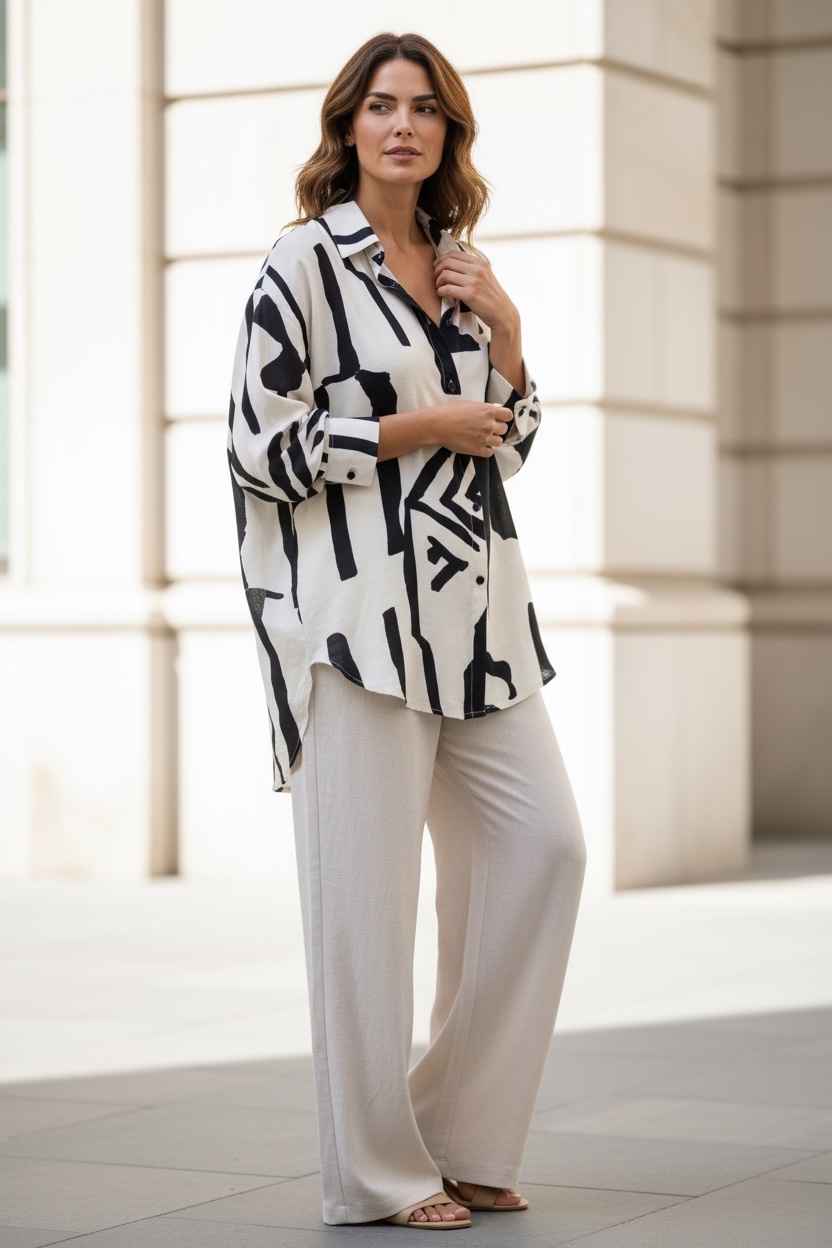 Σετ μπλούζα & παντελόνι με print σε μπεζ χρώμα