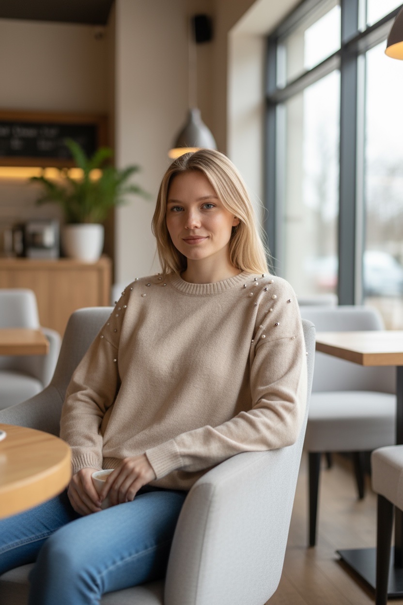 Πλεκτό πουλόβερ με πέρλες και στρας στους ώμους - Image 2