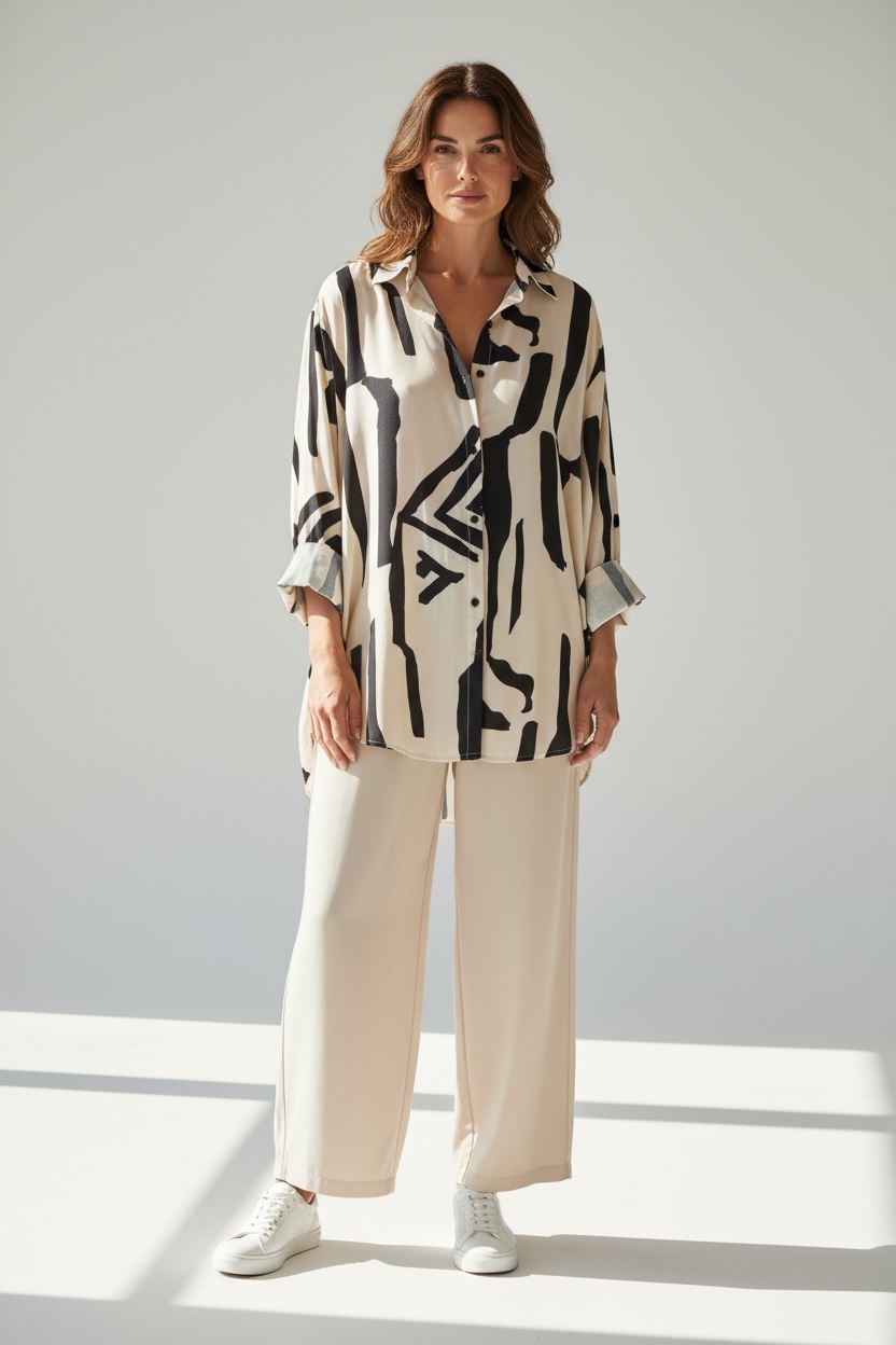 Σετ μπλούζα & παντελόνι με print σε μπεζ χρώμα - Image 2