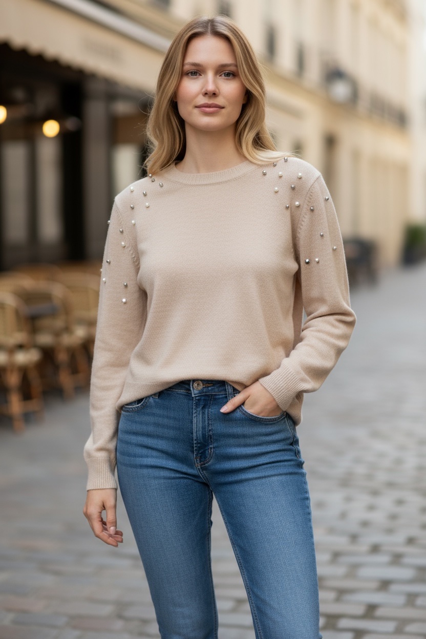 Πλεκτό πουλόβερ με πέρλες και στρας στους ώμους - Image 4
