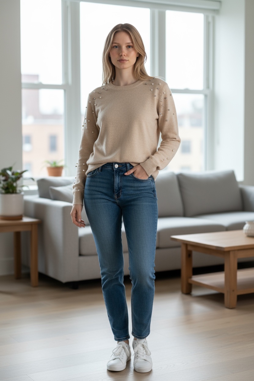 Πλεκτό πουλόβερ με πέρλες και στρας στους ώμους