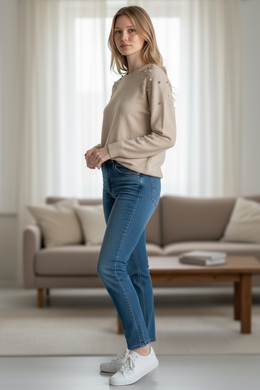 Πλεκτό πουλόβερ με πέρλες και στρας στους ώμους - Image 5