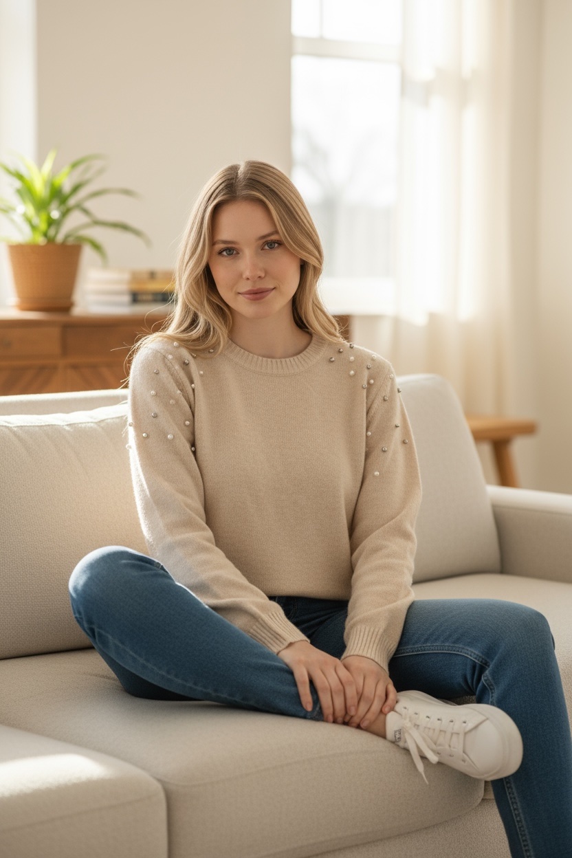 Πλεκτό πουλόβερ με πέρλες και στρας στους ώμους - Image 6