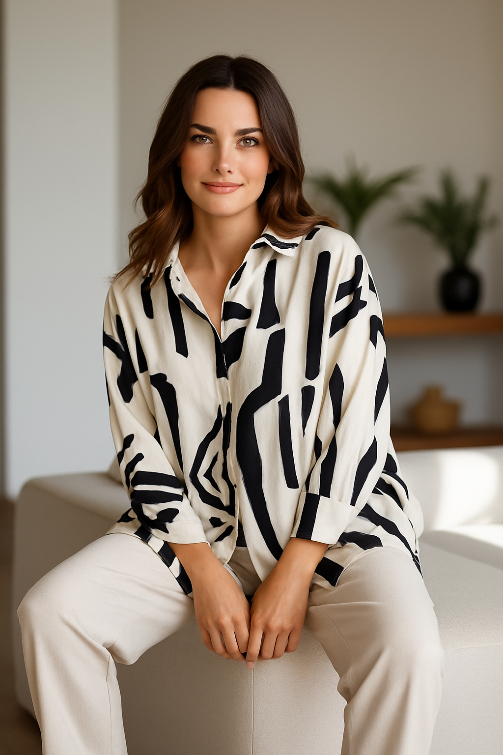 Σετ μπλούζα & παντελόνι με print σε μπεζ χρώμα - Image 3